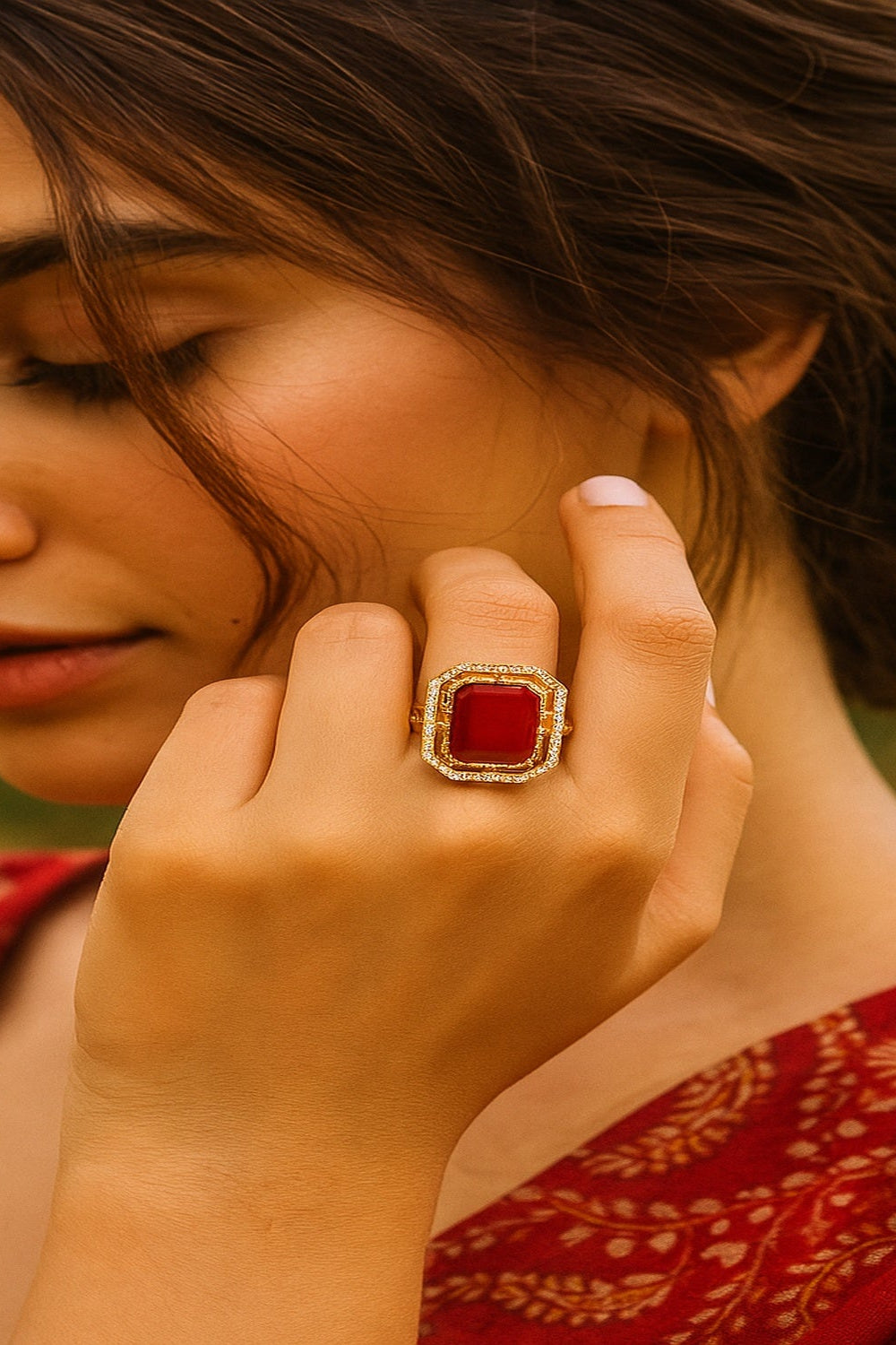 Zevar Club Gold-Toned Ruby Pink & Cubic Zirconia Studded Royal Statement Adjustable Ring