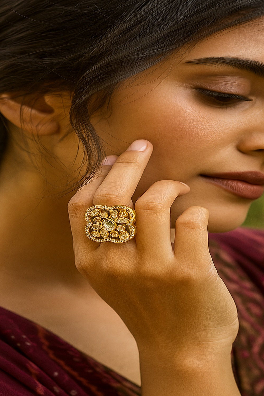 Zevar Club Gold-Toned White Kundan & Cubic Zirconia Studded Floral Adjustable Statement Ring