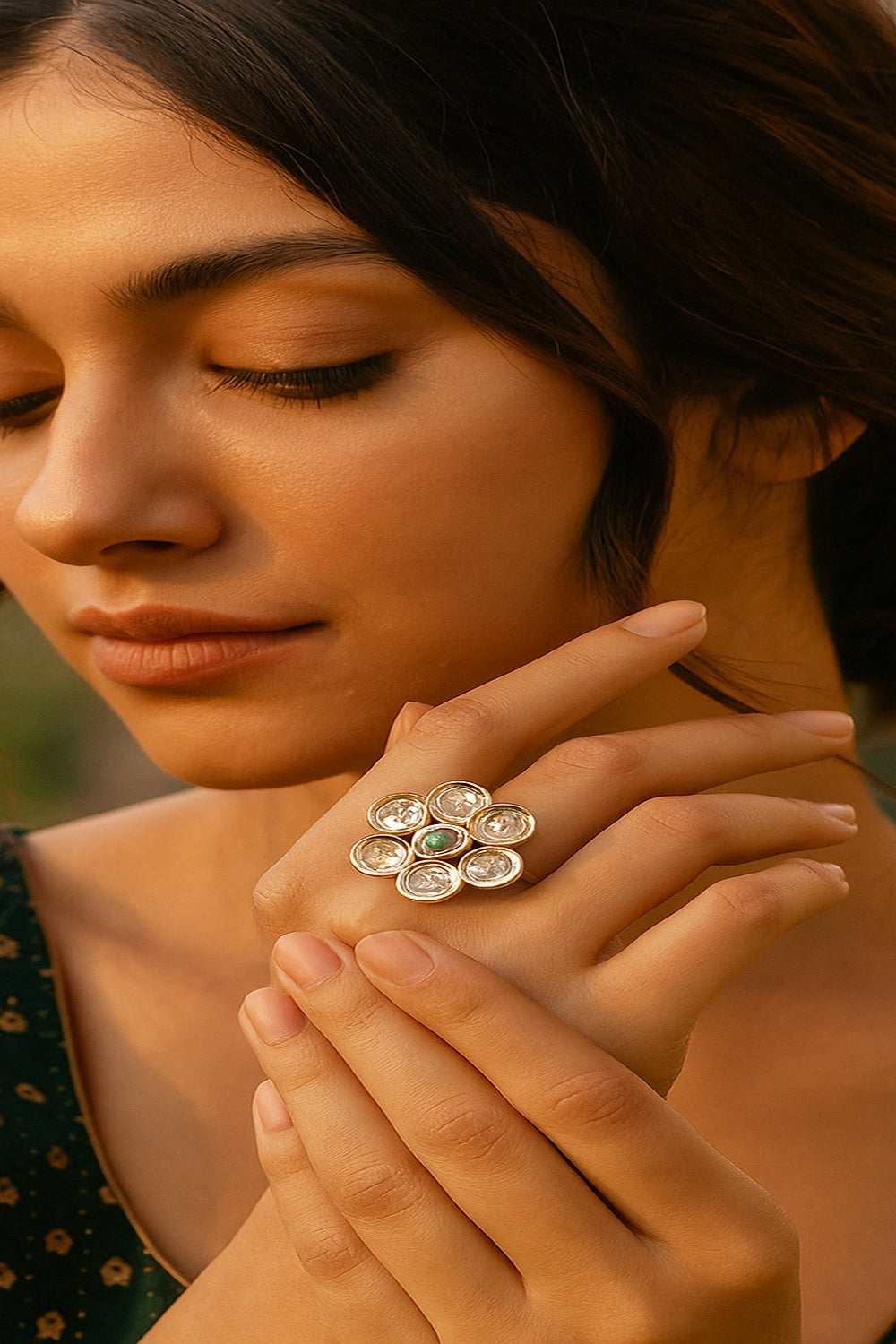 Zevar Club Gold-Toned White Kundan Studded Floral Adjustable Ring with Green Center Stone