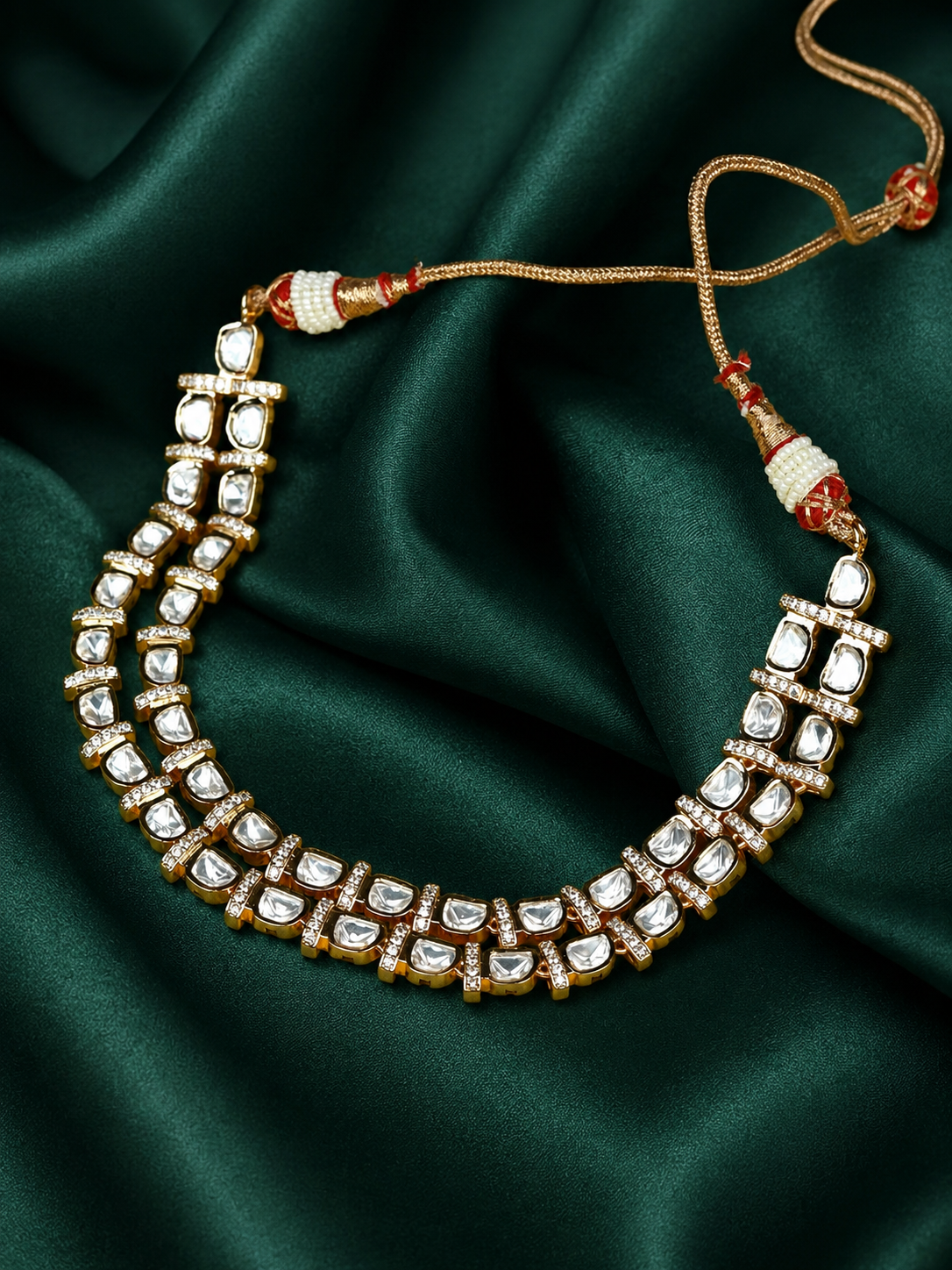 Zevar Club 24K Gold Plated White Kundan Studded Double Layer Handcrafted Jewellery Set with Earrings for Women