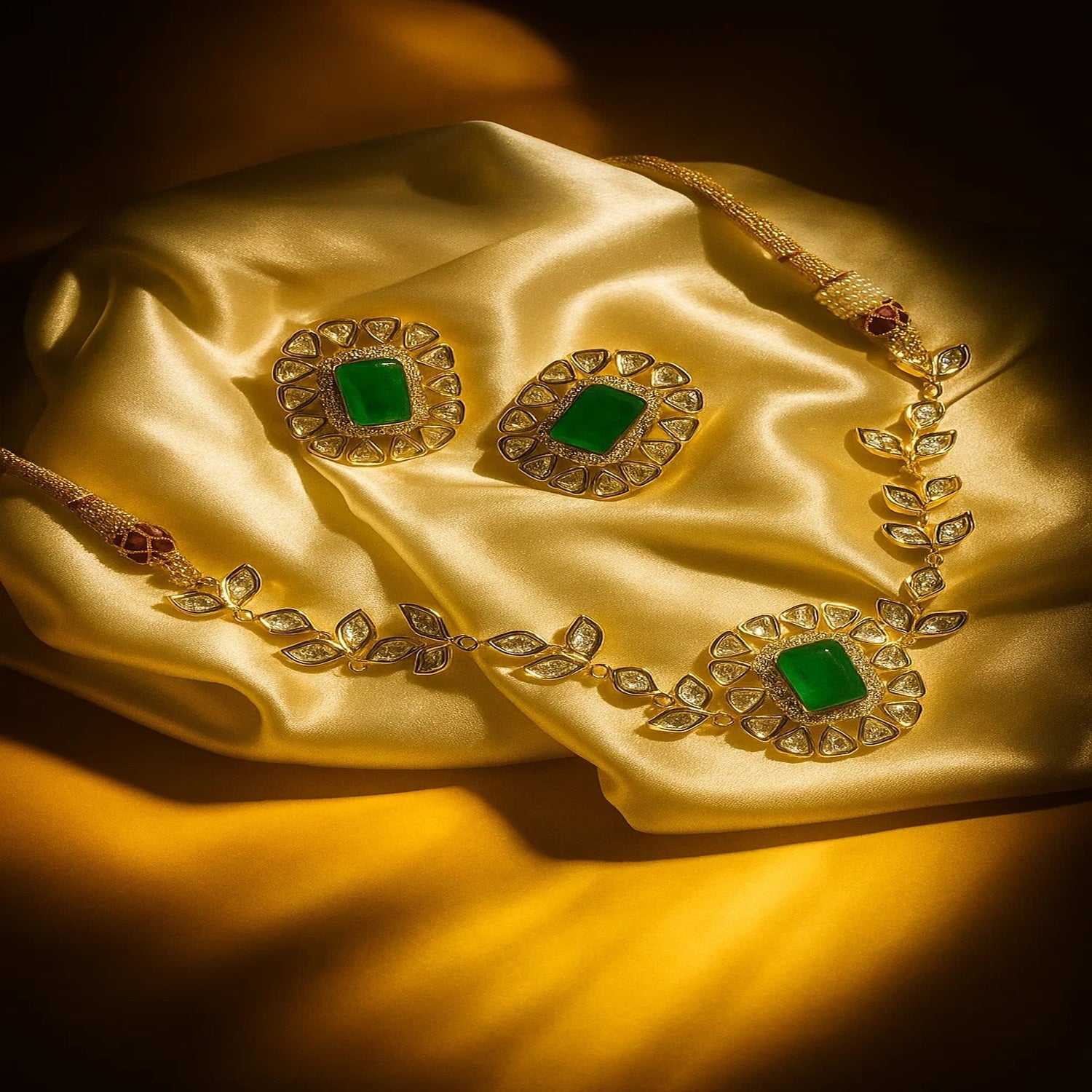 Zevar Club 18K Gold-Plated Emerald Green & White Kundan with Cubic Zirconia Accents Royal Statement Jewellery Set