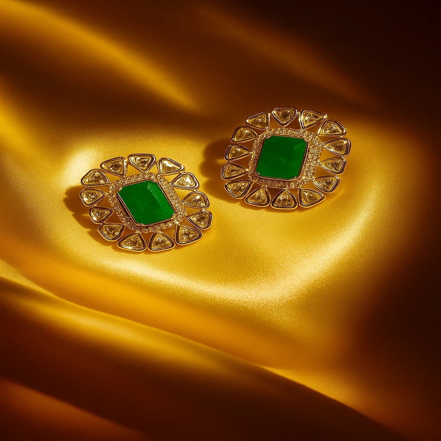 Zevar Club 18K Gold-Plated Emerald Green & White Kundan with Cubic Zirconia Accents Royal Statement Jewellery Set