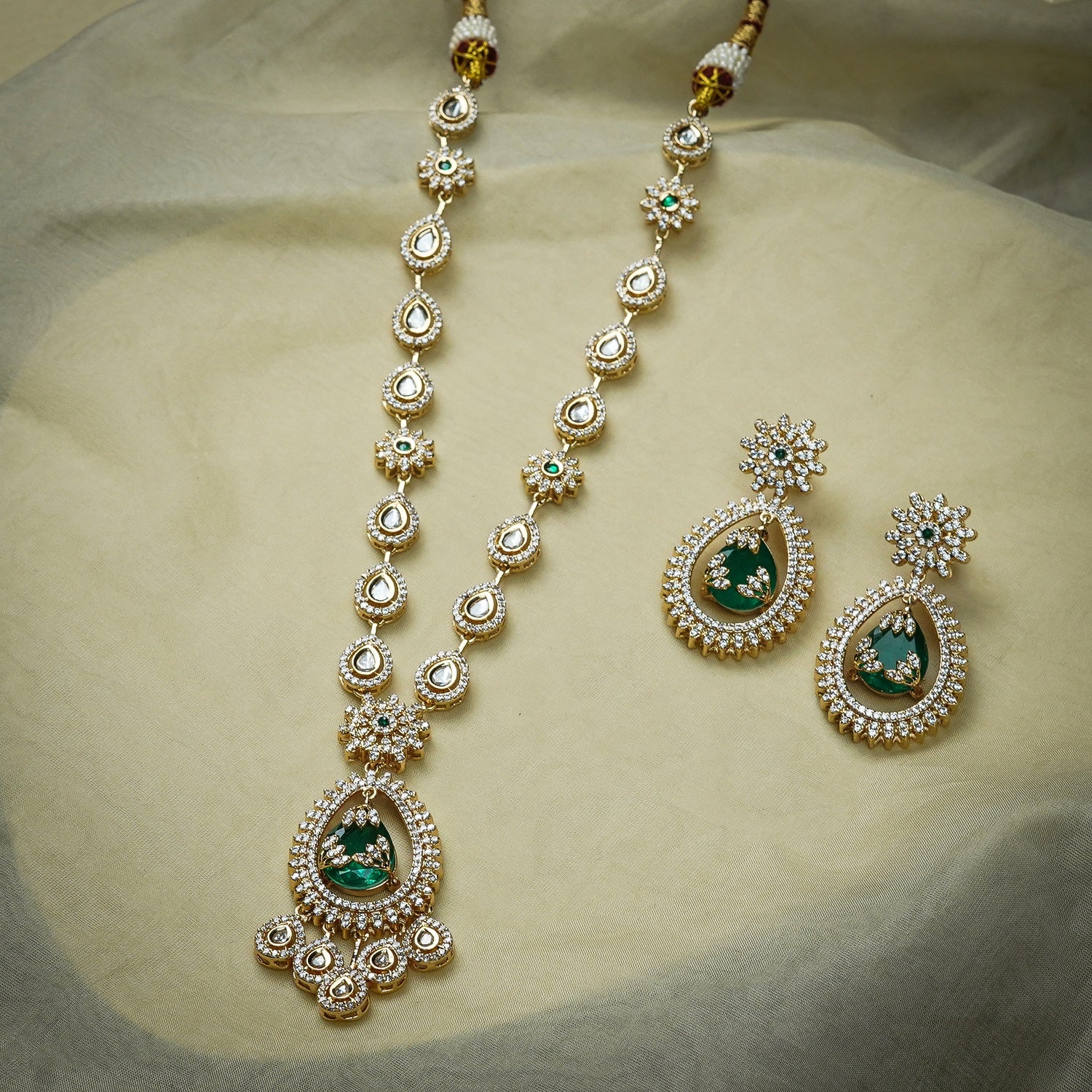 Zevar Club 22K Gold-Plated White Kundan & Emerald Green Cubic Zirconia Studded Long Statement Necklace Jewellery Set