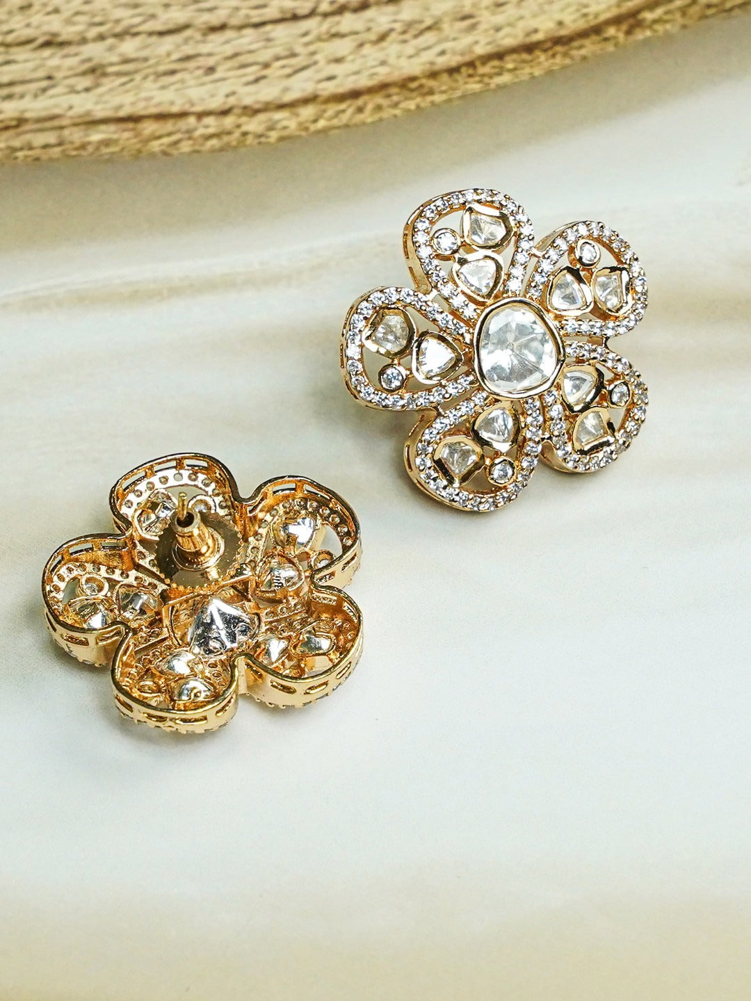 Zevar Club 12K Gold-Plated Flower Shaped Kundan Diamond Studs