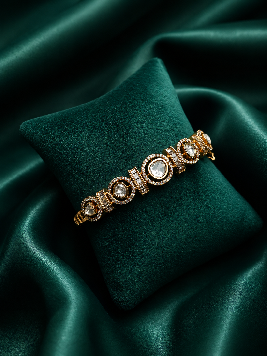 Zevar Club Gold-Toned White Kundan & Cubic Zirconia Studded Emerald Green Luxury Statement Bracelet