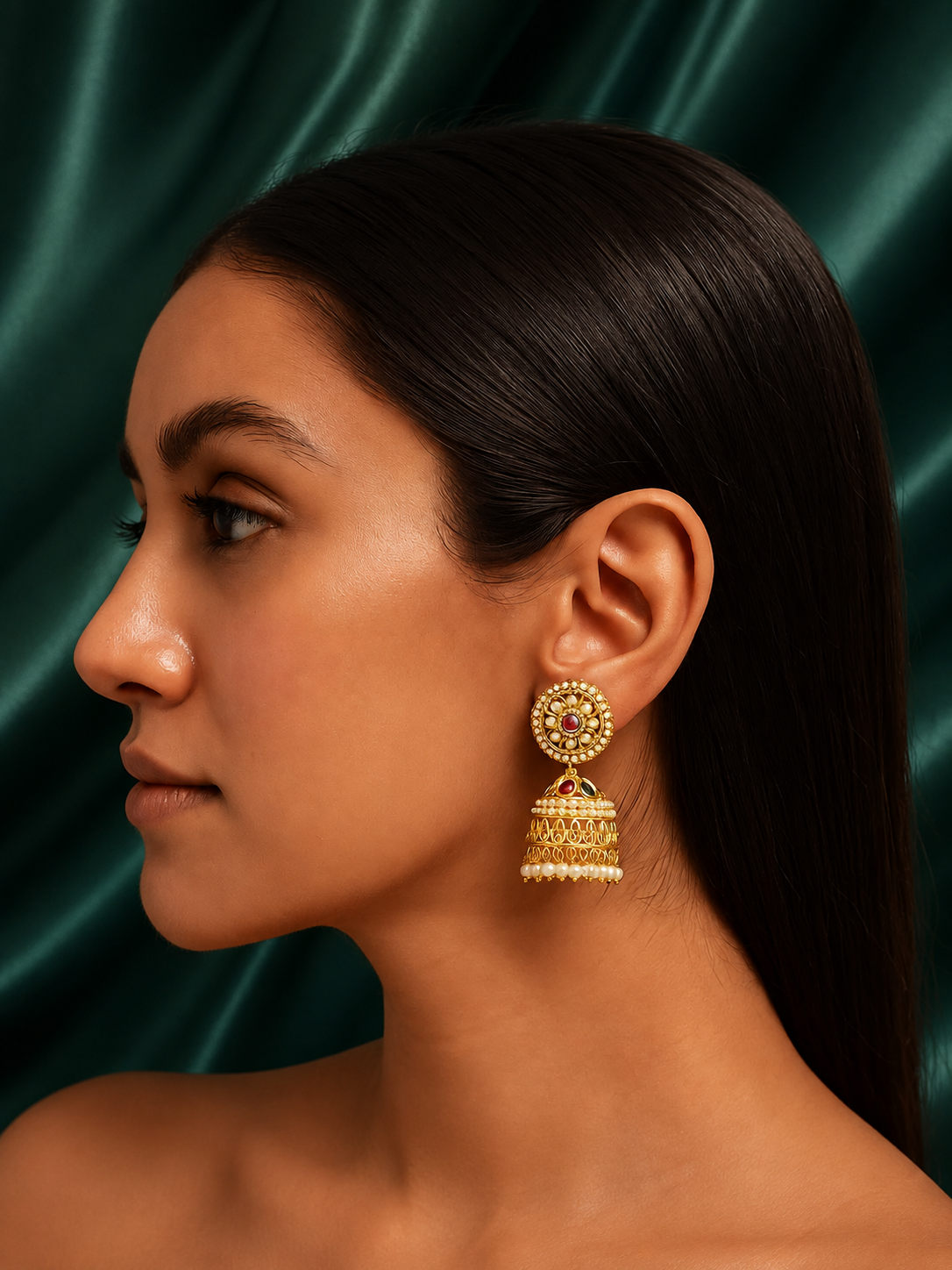 Zevar Club Brass Gold-Toned Floral Stud Jhumka Earrings with Red Green Stones & White Pearls