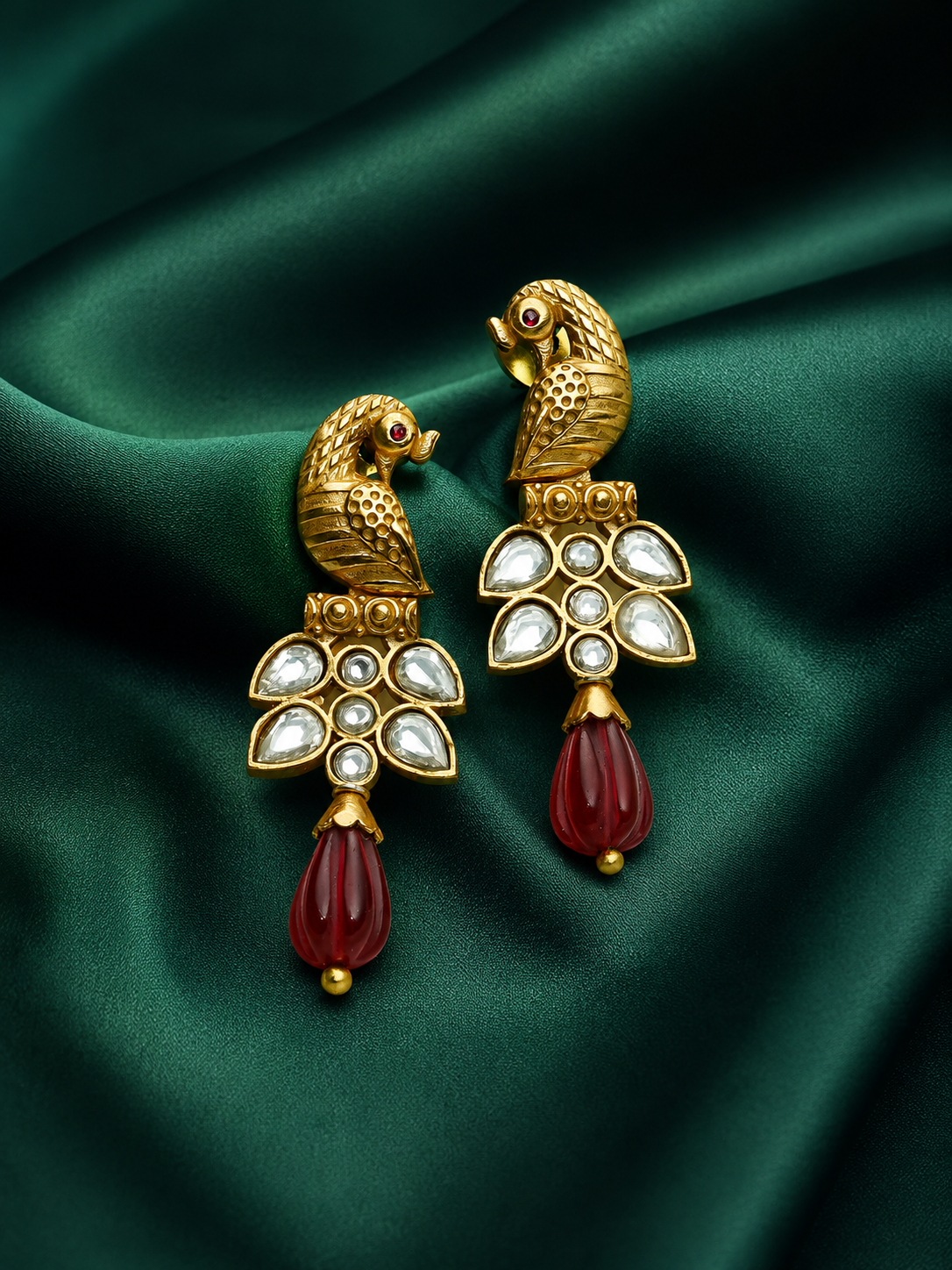 Peacock Kundan Antique Gold Drop Earrings