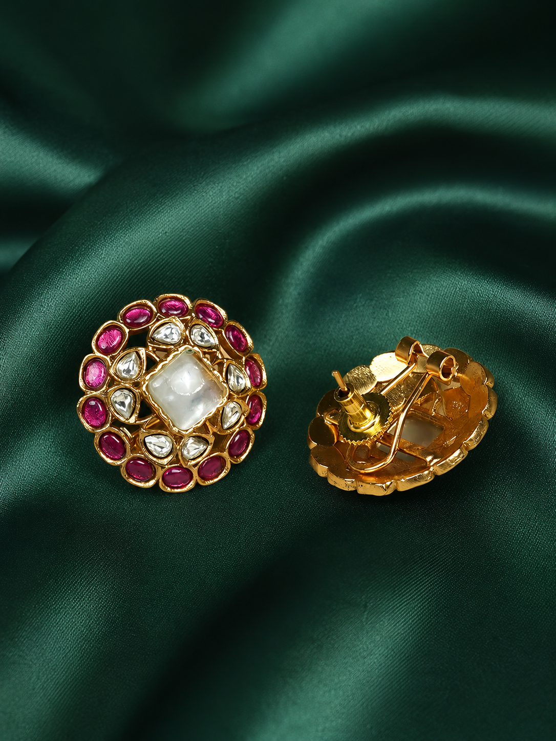 Zevar Club White Stone & Ruby Pink Studded Handcrafted Choker Necklace Set with Kundan & Pearl Beaded Detailing