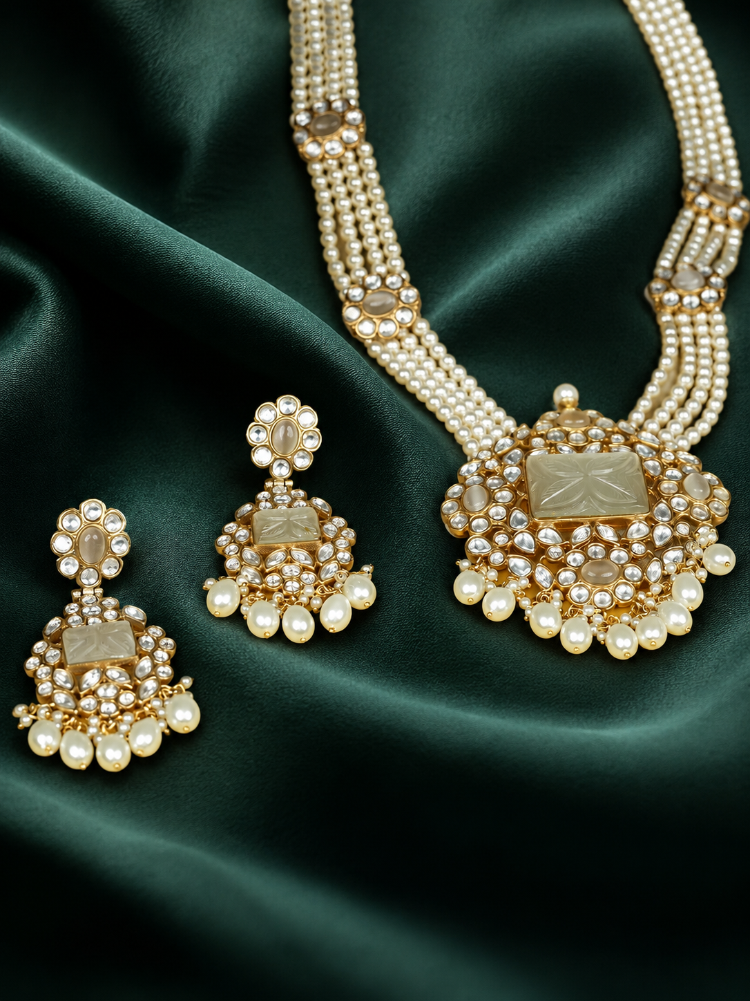 Zevar Club Handcrafted White Kundan Studded Rectangular Pendant Necklace Set with Multi-Strand White Pearl Beads & Dangling Earrings