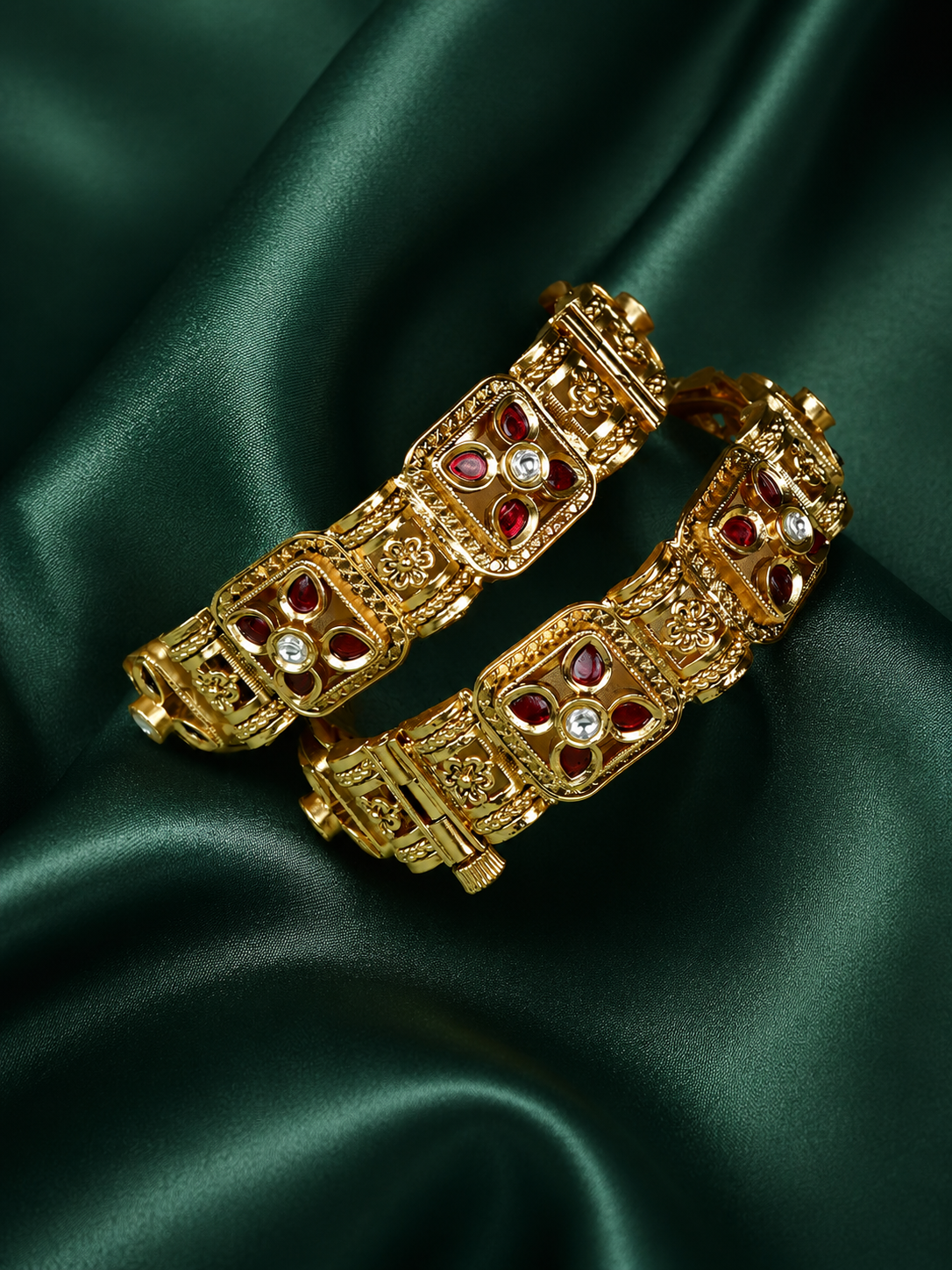Zevar Club Set of 2 22K Gold-Plated Handcrafted Rajwadi Bangles with Ruby Red Stones & White Accents for Women