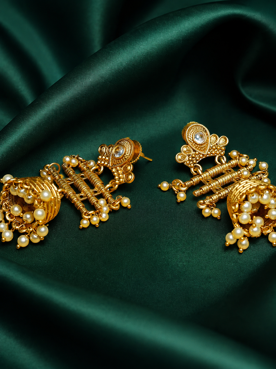 Zevar Club 18K Gold-Plated Green Kundan Studded Layered Traditional Jhumka Earrings with Pearls