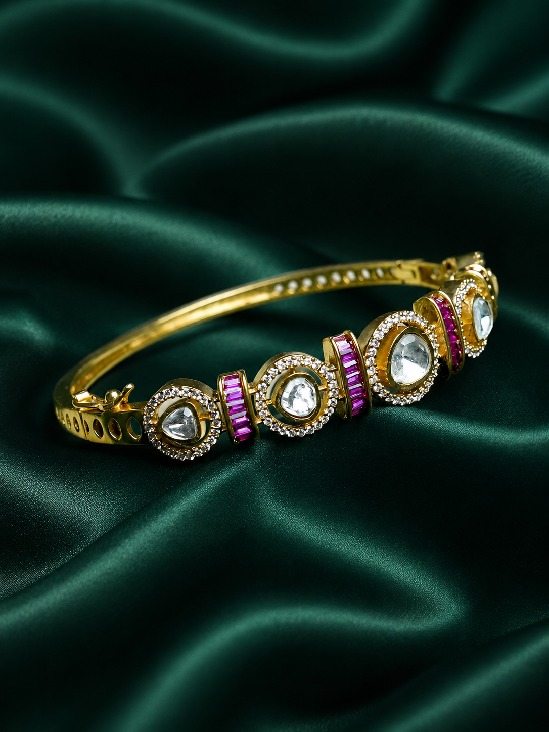 Zevar Club Gold-Toned White Kundan & Cubic Zirconia Studded Emerald Green Luxury Statement Bracelet