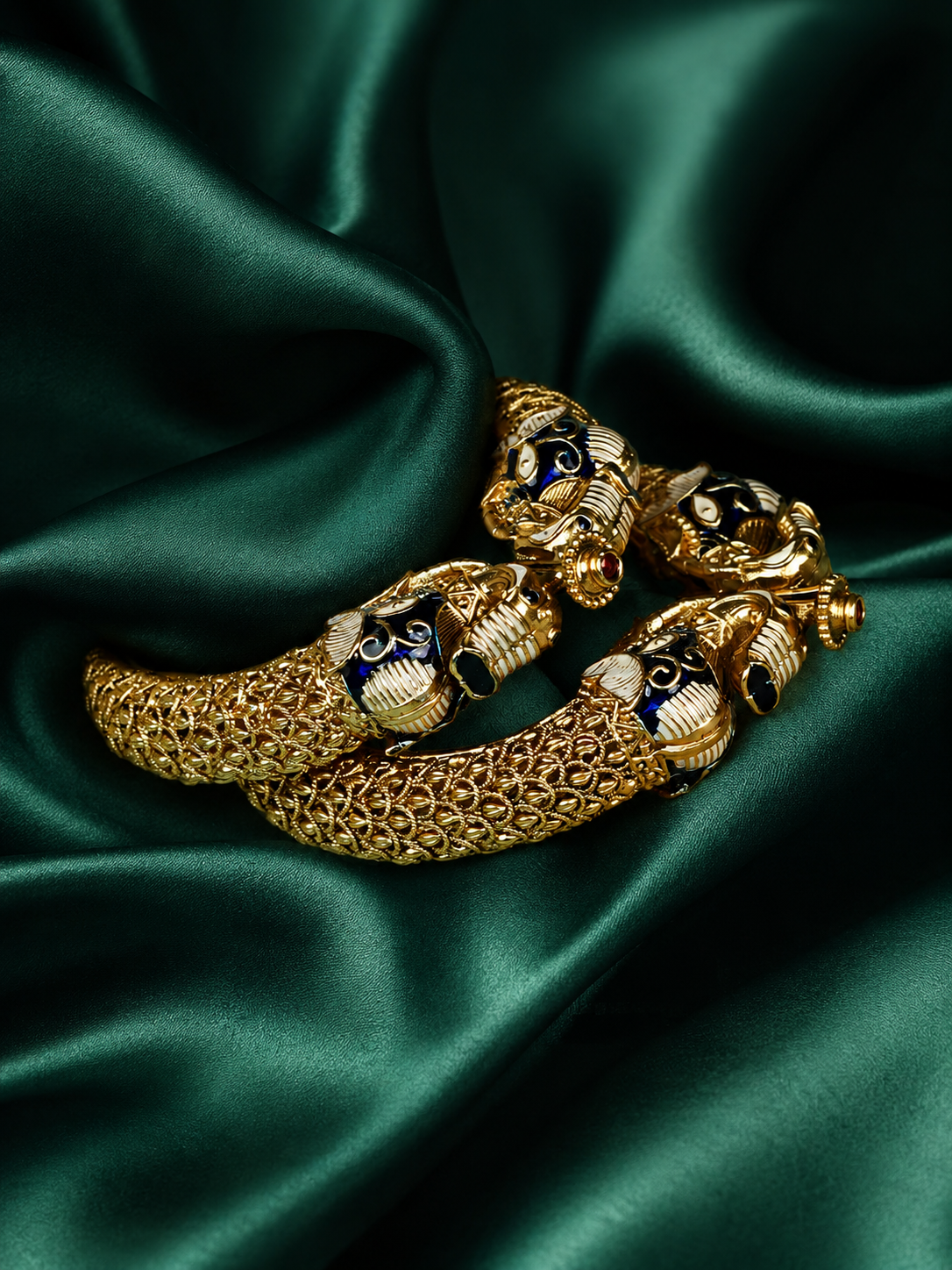 Zevar Club Set of 2 22K Gold-Plated Handcrafted Panther-Head Bangles with Blue Enamel & Black Stone Accents for Women