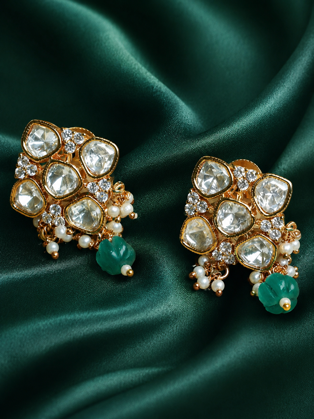Zevar Club 12K Gold-Plated Rhombus Pastel Green Kundan Drop Earrings