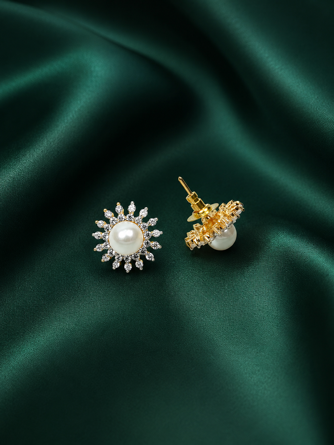 Zevar Club 18K Gold-Plated White Pearl & Cubic Zirconia Floral Stud Earrings in Silver Tone