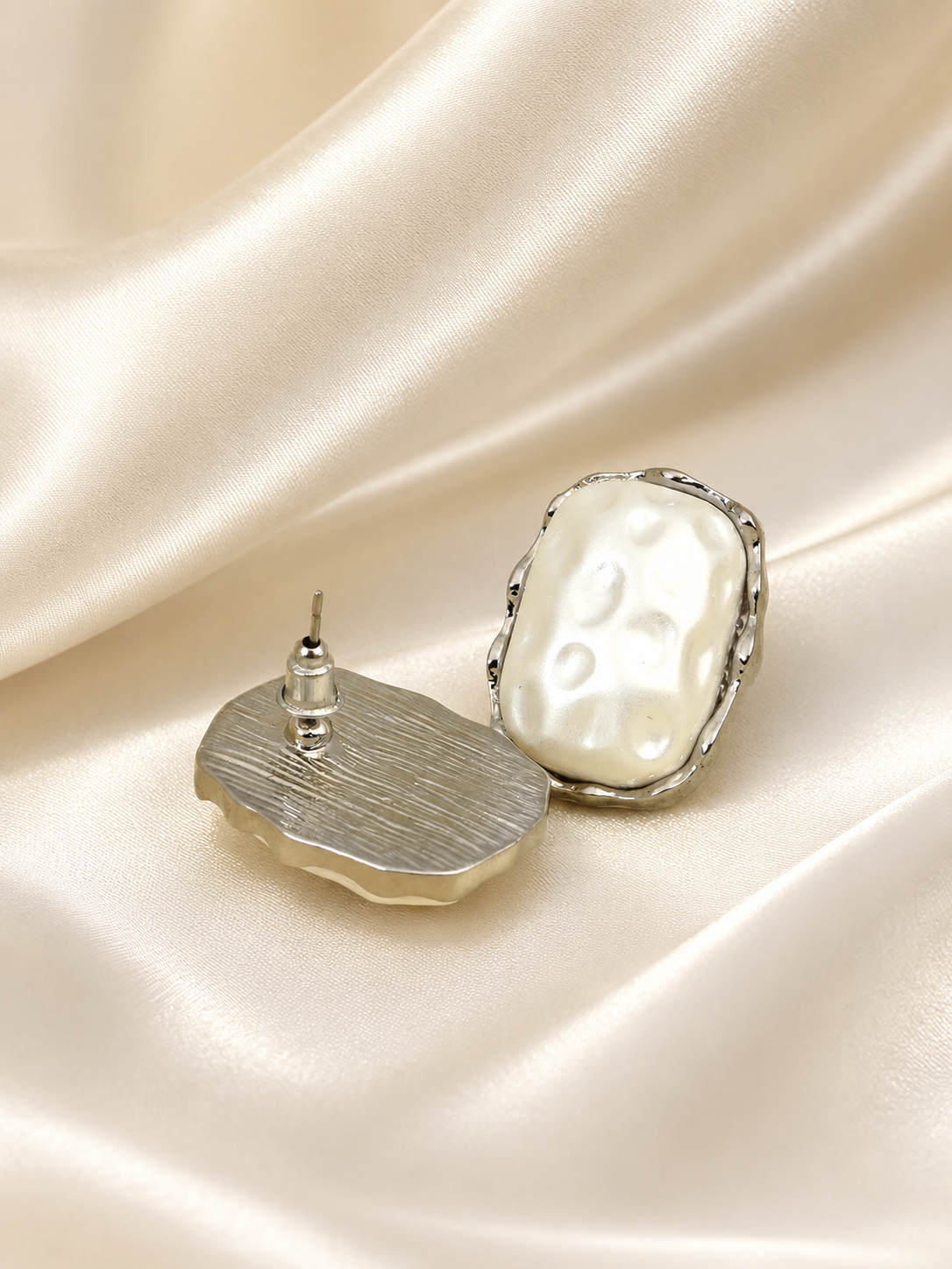 Zevar Club Silver Tone White Pearl-Textured Sculpted Frame Stud Earrings for Women