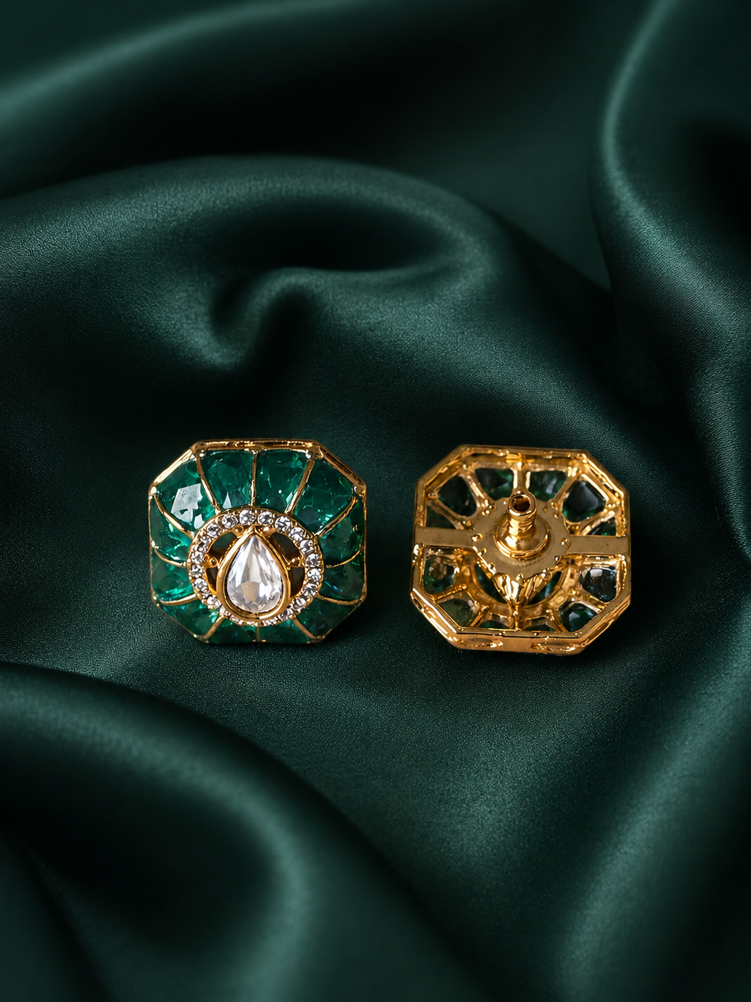 Zevar Club Emerald Green Gold Plated Statement Kundan Stud Earrings