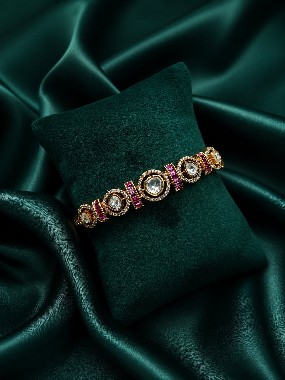 Zevar Club Gold-Toned White Kundan & Cubic Zirconia Studded Emerald Green Luxury Statement Bracelet