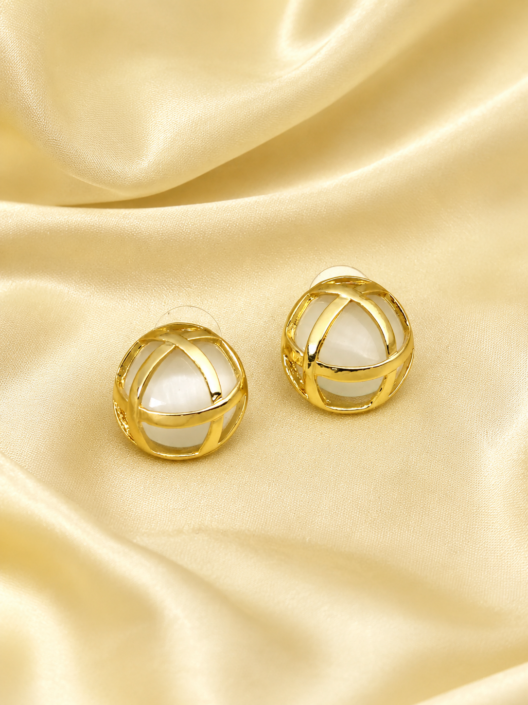 Zevar Club Gold Tone Dome-Shaped Criss-Cross Stud Earrings with White Pearl Accents for Women