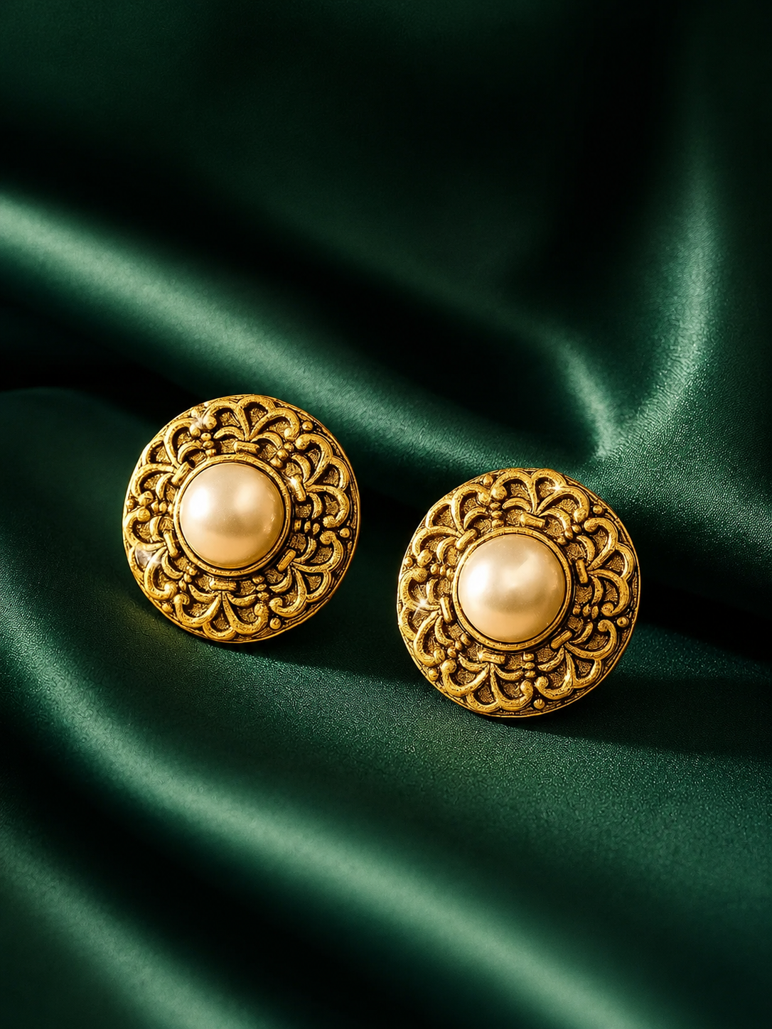 Zevar Club Gold-Toned Antique Statement Stud Earrings with White Pearl Centre & Carved Design