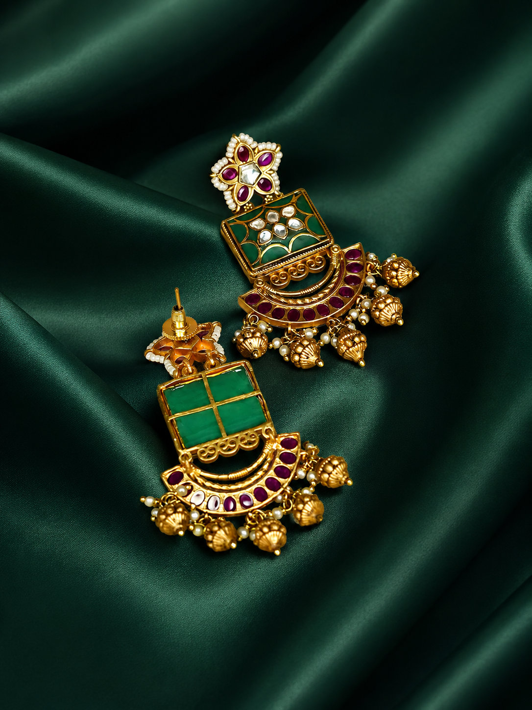 Zevar Club 18K Gold-Plated Ruby Pink Stone and Green Enamelled Kundan Chandbali Earrings