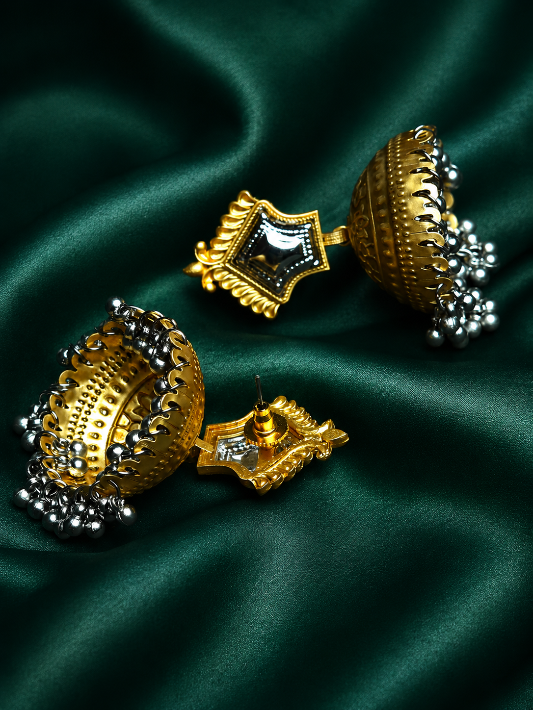 Zevar Club Oxidised Silver-Gold Tone Jhumka Earrings with Silver Beads Statement Design