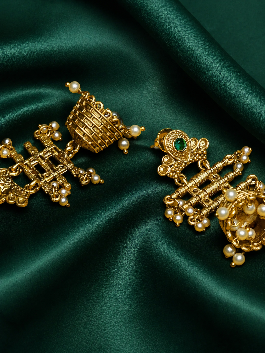 Zevar Club 18K Gold-Plated Green Kundan Studded Layered Traditional Jhumka Earrings with Pearls