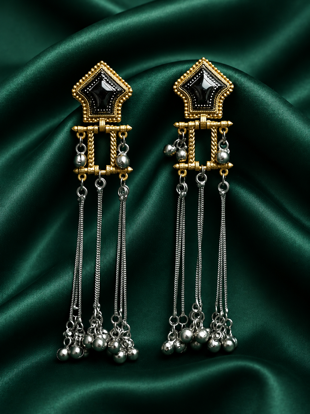 Zevar Club Oxidised Gold & Silver Long Chain Shoulder Duster Earrings with Black Enamel Top