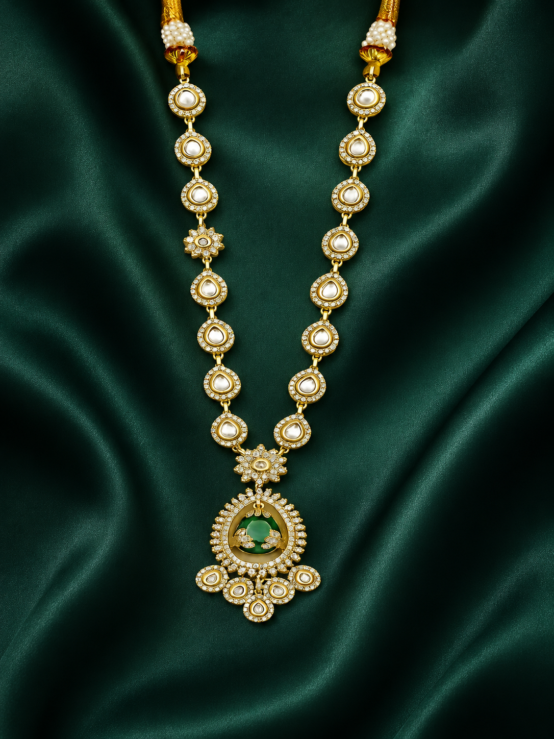 Zevar Club 22K Gold-Plated White Kundan & Emerald Green Cubic Zirconia Studded Long Statement Necklace Jewellery Set
