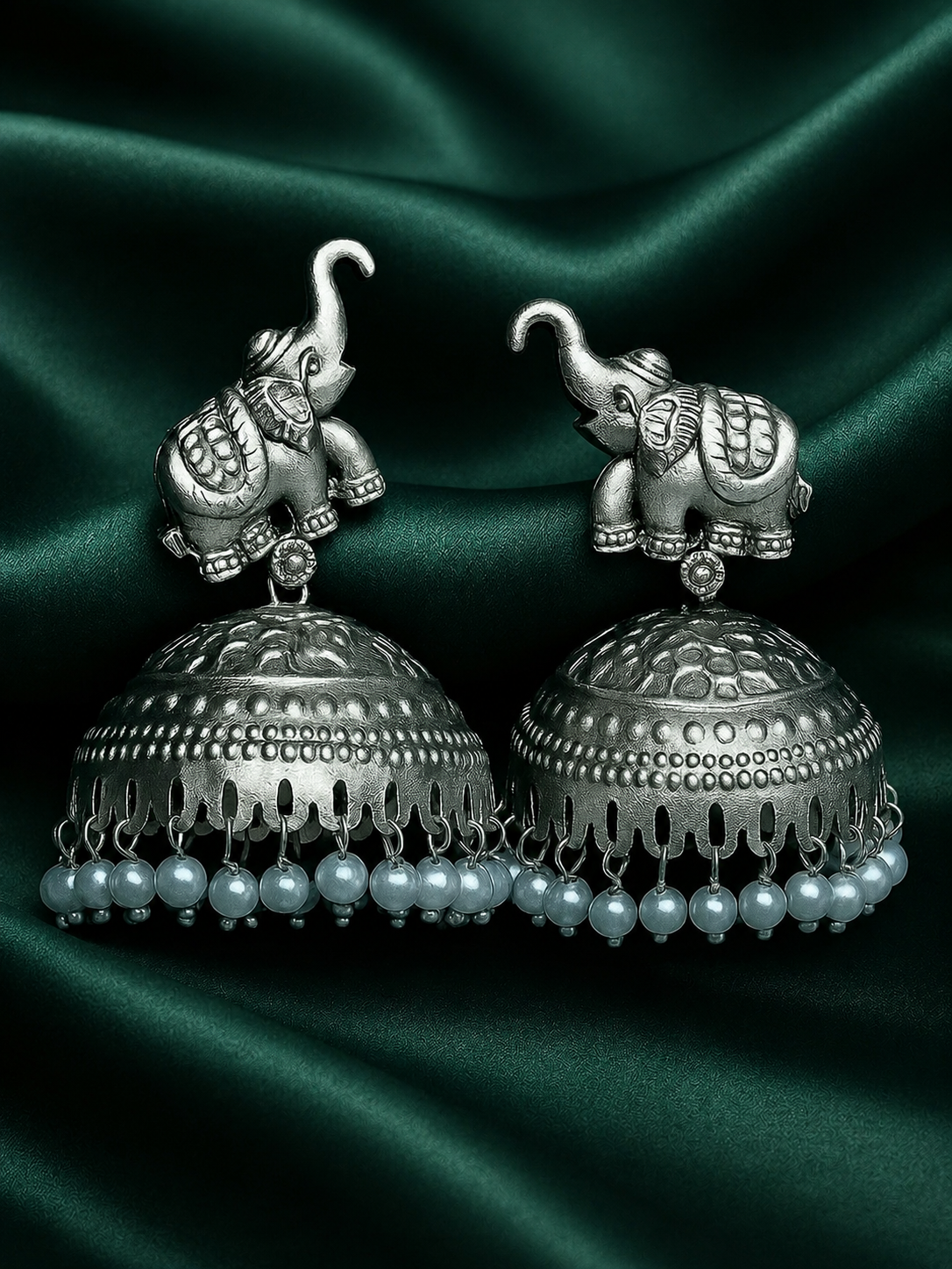 Zevar Club Oxidised Silver-Toned Elephant Stud Brass Jhumka Earrings with White Pearl Drops