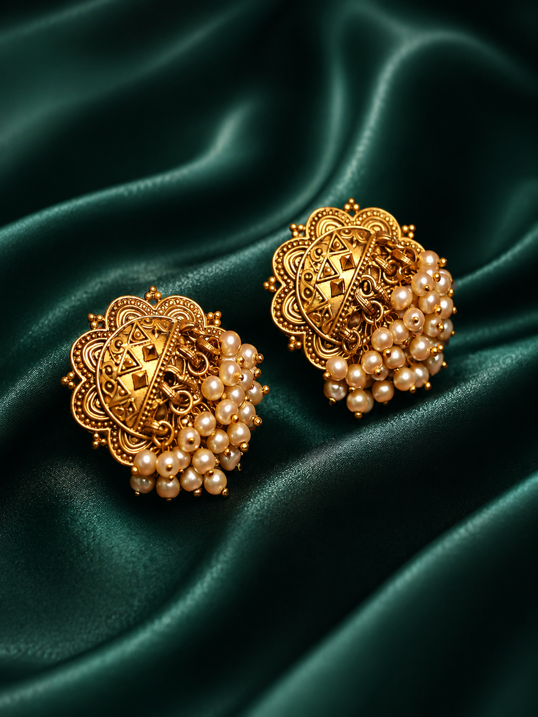 Zevar Club Antique Silver-Toned Statement Stud Earrings with Pearl Cluster Drops & Carved Motif