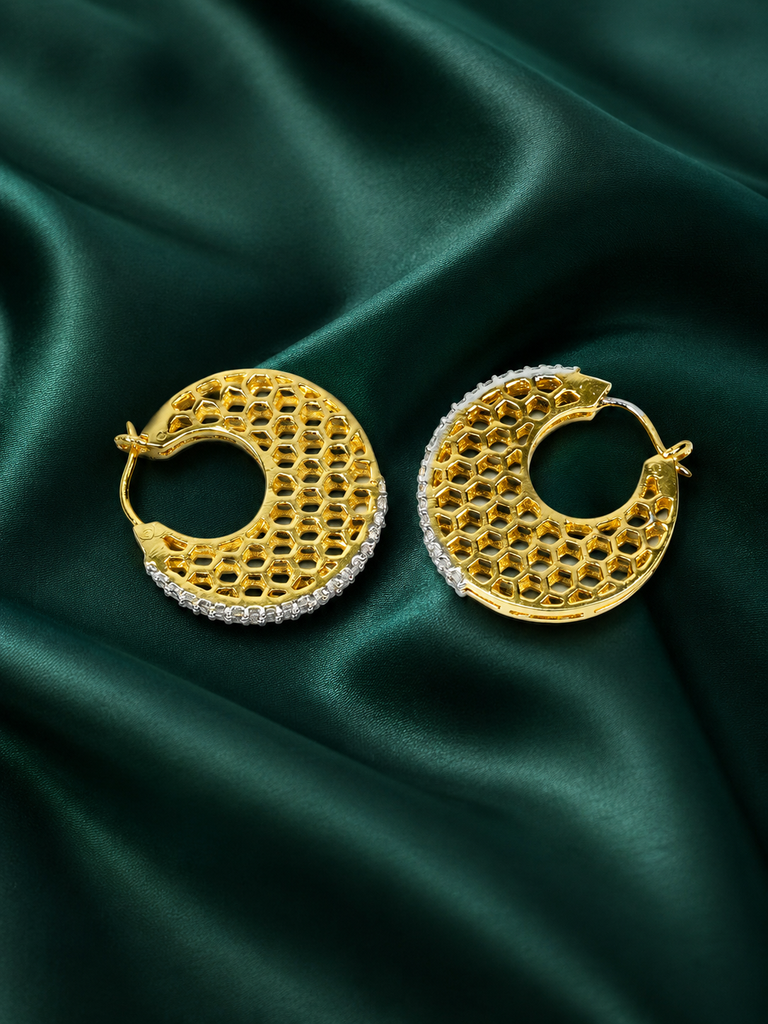 Zevar Club 22K Gold-Plated Marquise Cubic Zirconia Studded Demi-Fine Textured Hoop Earrings