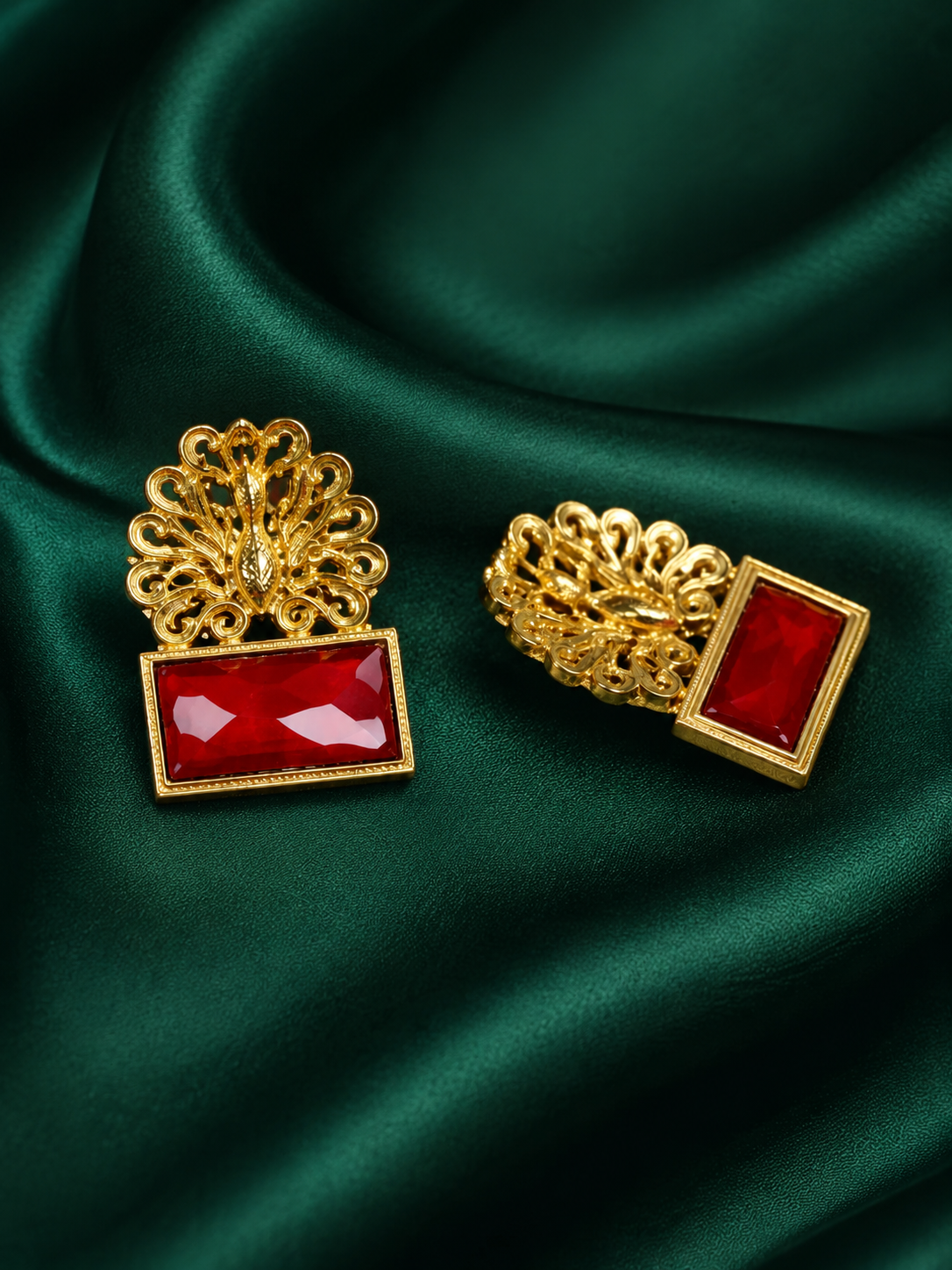 Zevar Club Brass Gold-Toned Statement Peacock Motif Earrings with Emerald Red Rectangular Stones