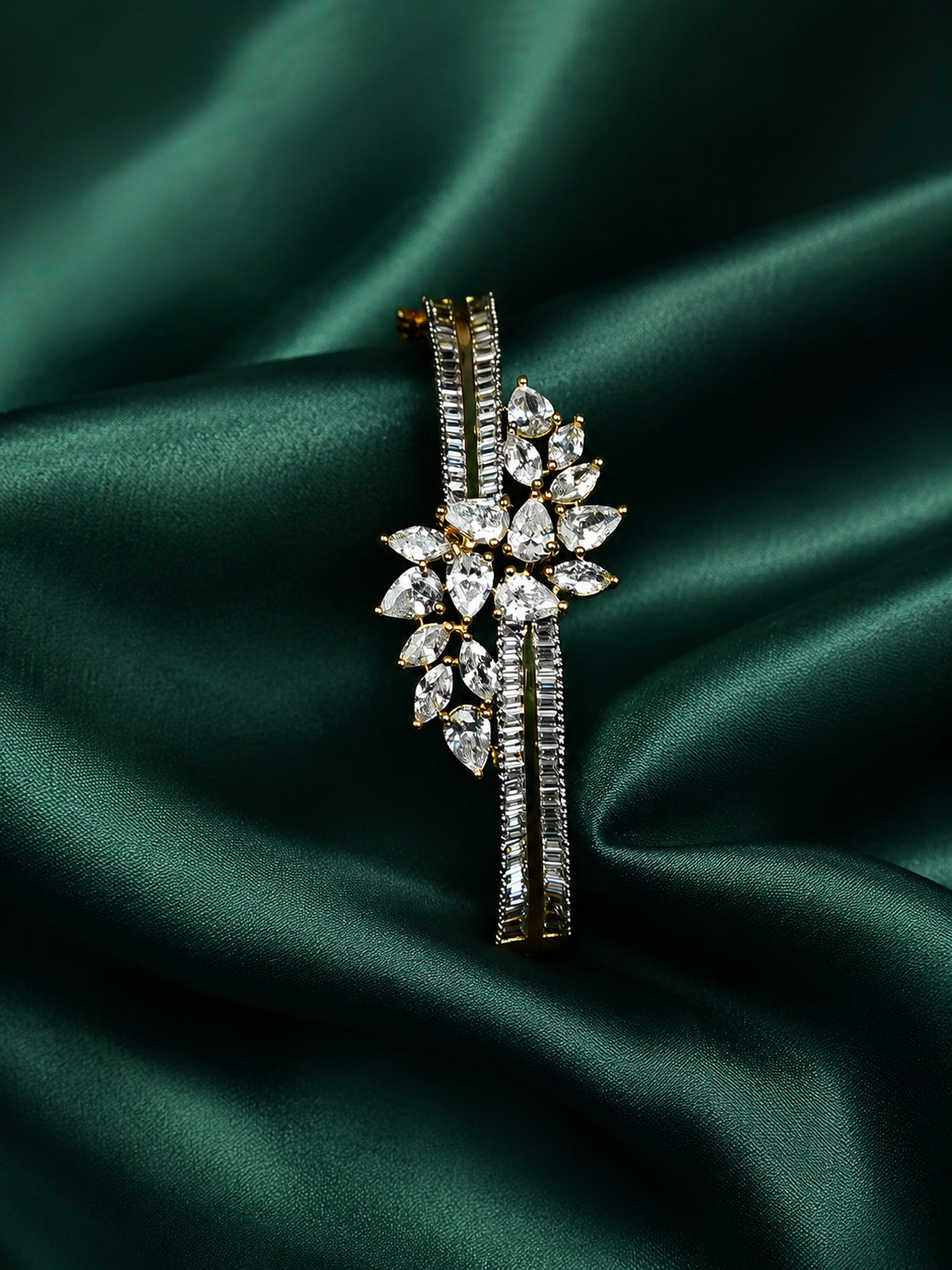 Zevar Club 22K Gold-Plated Floral Cluster Handcrafted AAA CZ Studded Baguette-Lined Openable Bracelet