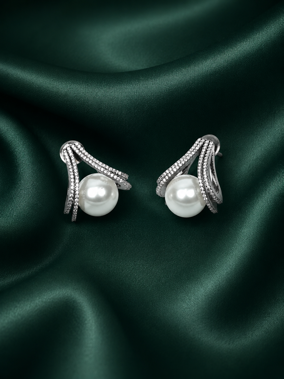 Zevar Club Rhodium-Plated Cubic Zirconia & White Pearl Sculpted Swirl Stud Earrings