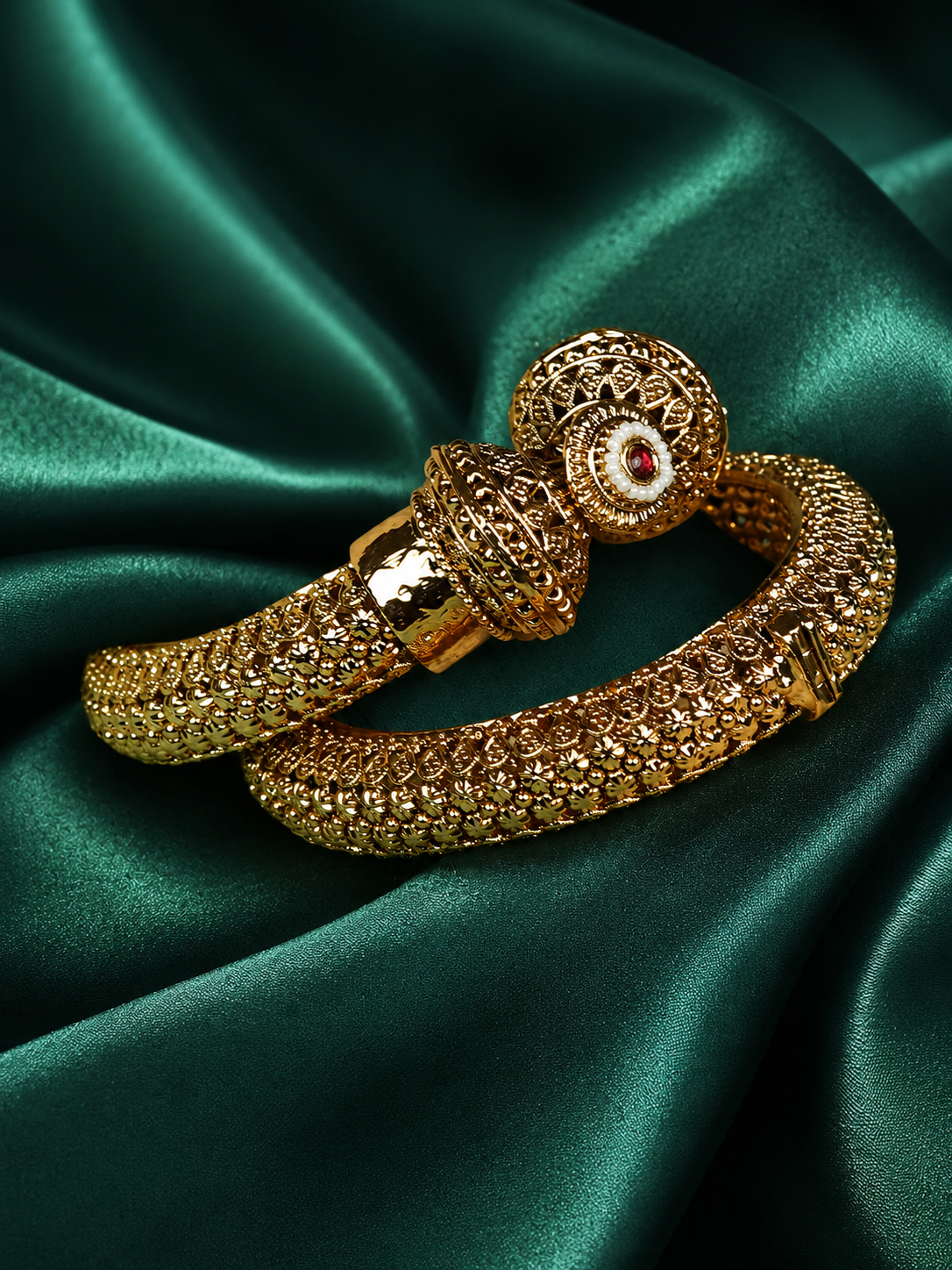 Zevar Club Set of 2 22K Gold-Plated Handcrafted Openable Rajwadi Bangles with Ruby Pearl & Kundan Stones for Women