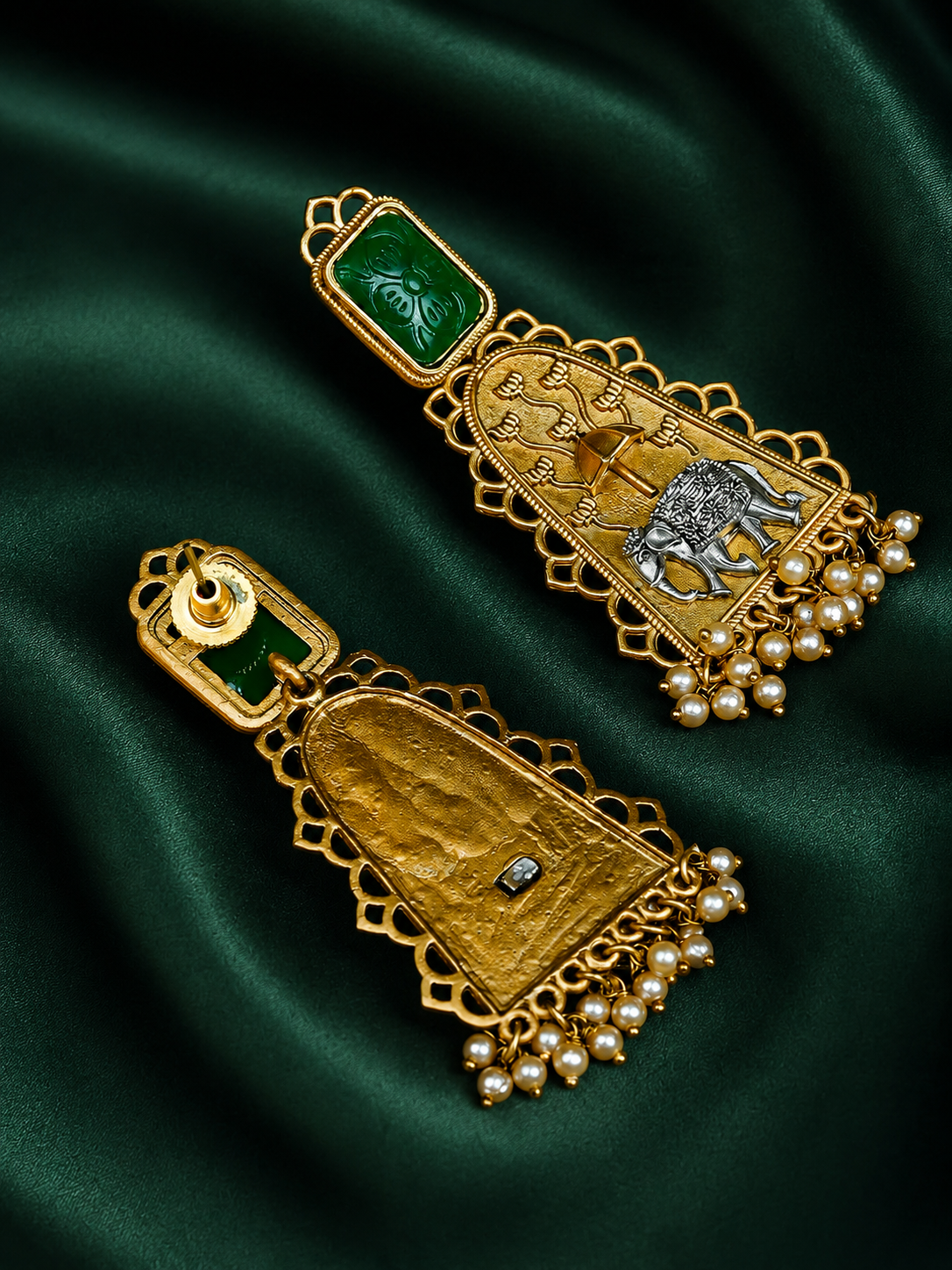 Zevar Club Oxidised Gold & Silver-Toned Elephant Motif Earring with Red Top & Pearls Drops