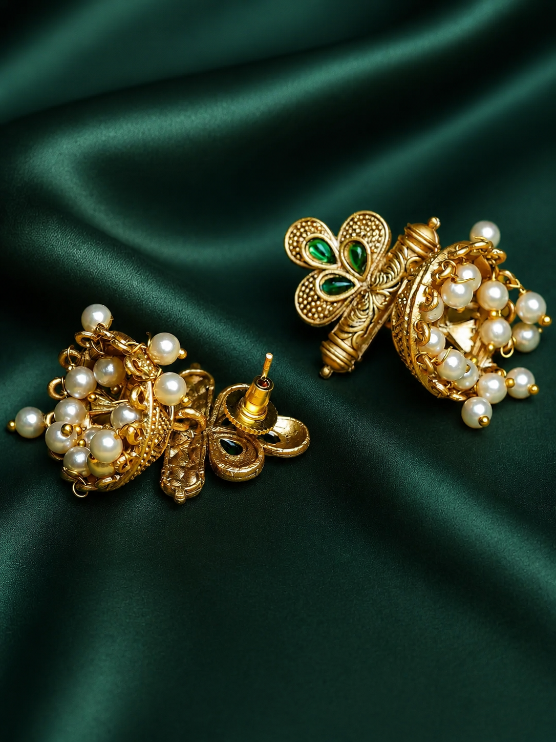 Zevar Club 18K Gold-Plated Red Stone Studded Dome Jhumka Earrings with Pearl Danglers