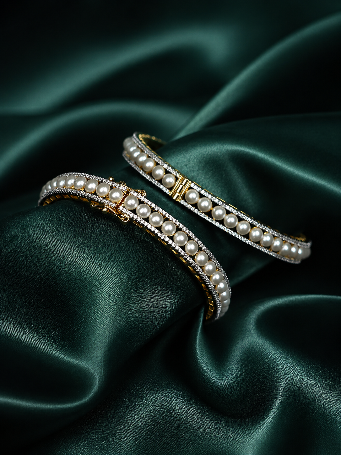 Zevar Club Set of 2 22K Gold-Plated Handcrafted Pearl Beaded & AAA Cubic Zirconia Studded Premium Bangles
