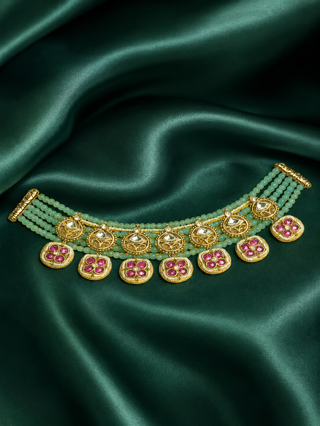 Zevar Club 22K Gold-Plated Aqua Blue Beaded & Purple Floral Kundan Statement Necklace Set