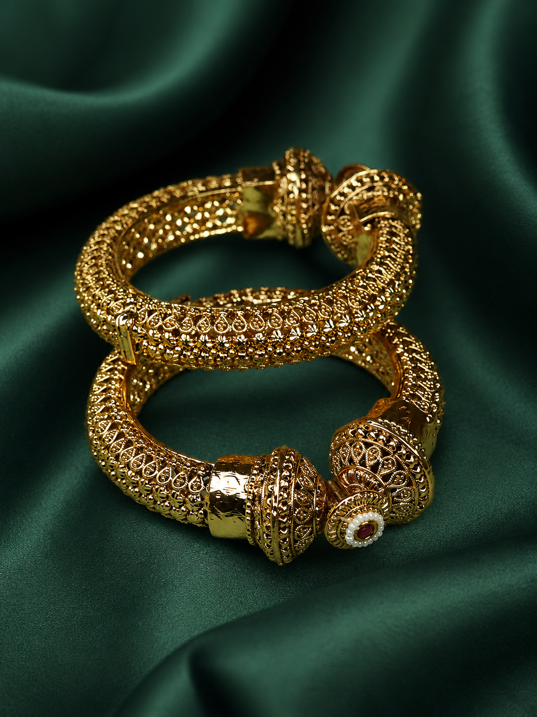 Zevar Club Set of 2 22K Gold-Plated Handcrafted Openable Rajwadi Bangles with Ruby Pearl & Kundan Stones for Women