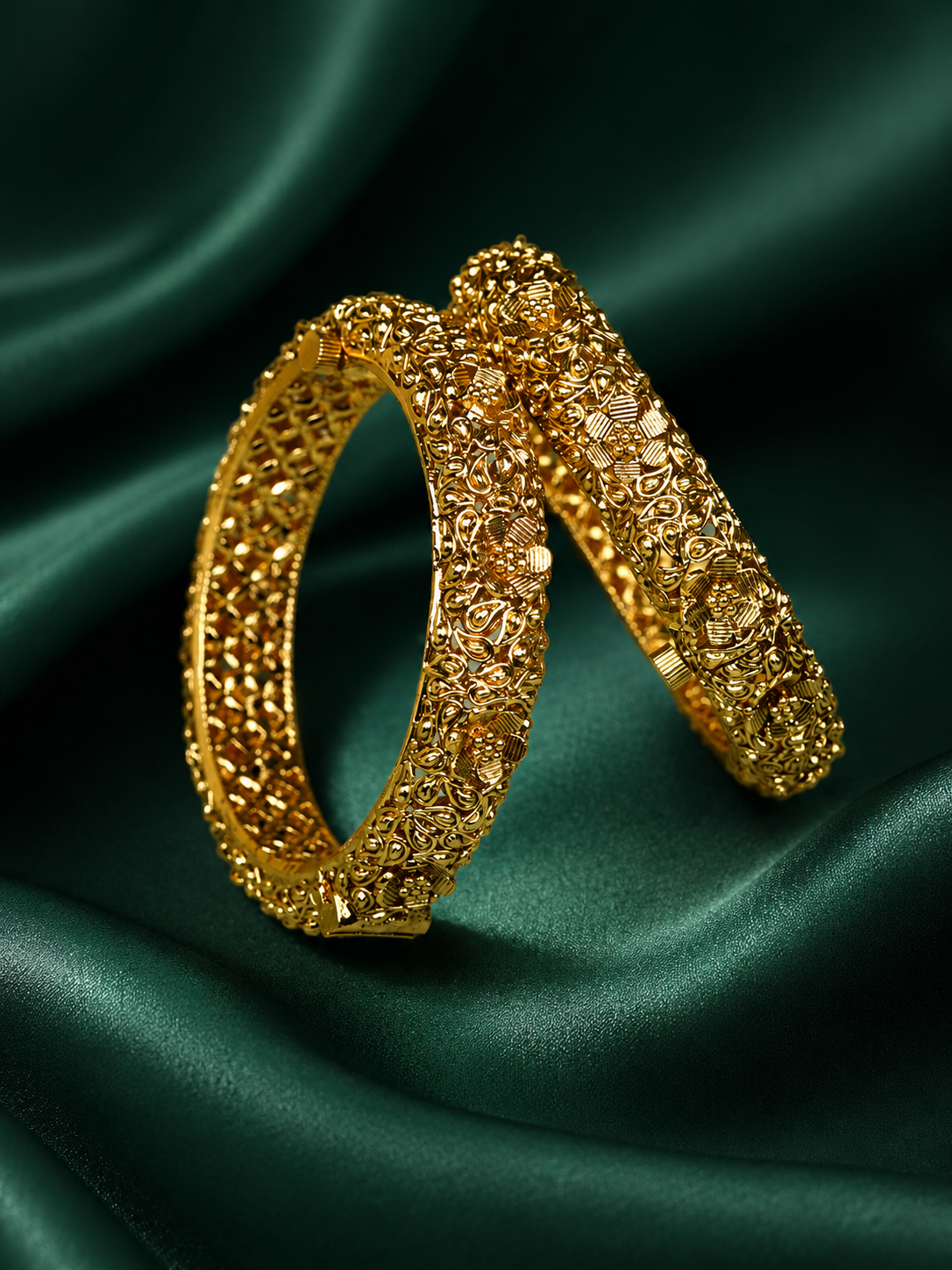 Zevar Club Set of 2 22K Gold-Plated Floral Textured Bangles with Light Golden Stone Studded Design for Women