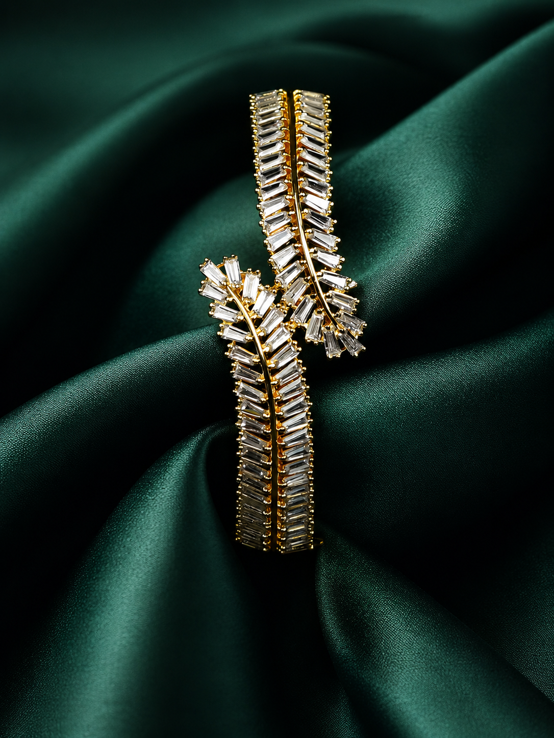 Zevar Club 22K Gold-Plated Handcrafted Leaf Cluster Design AAA Cubic Zirconia Studded Openable Bracelet