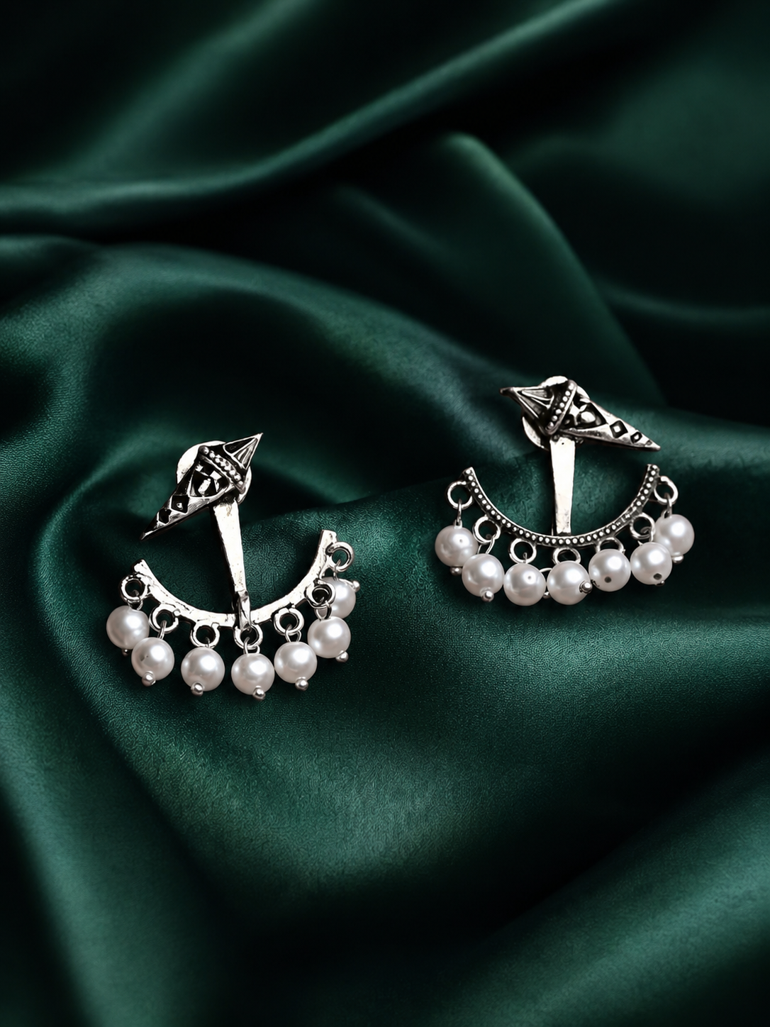 Zevar Club 18K Silver-Plated Statement Stud Earrings with Pointed Top & Cream Pear Pearl Crescent Drop
