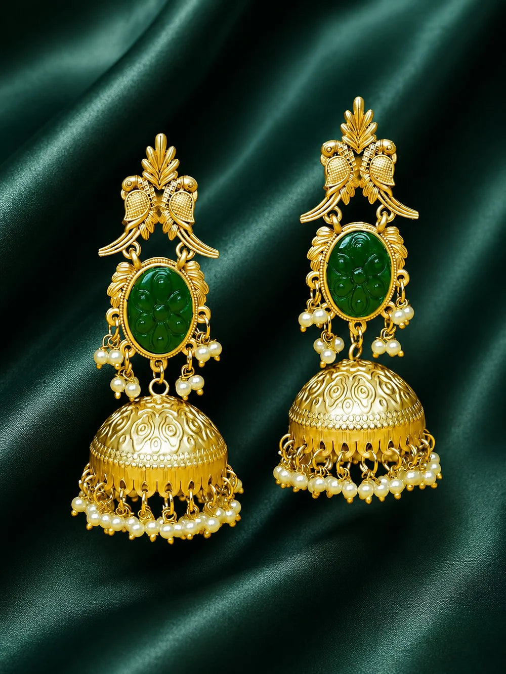 Zevar Club 22K Gold-Plated Green Carved Stone Jhumka Earrings with Bird Motif & Pearls Drops