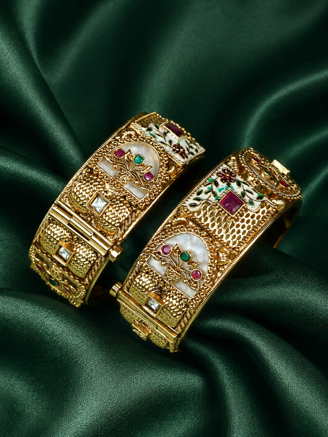 Zevar Club Set of 2 22K Gold-Plated Handcrafted Rajwadi Bangles with Ruby Pink & Emerald Green Kundan Studded Elephant Motifs