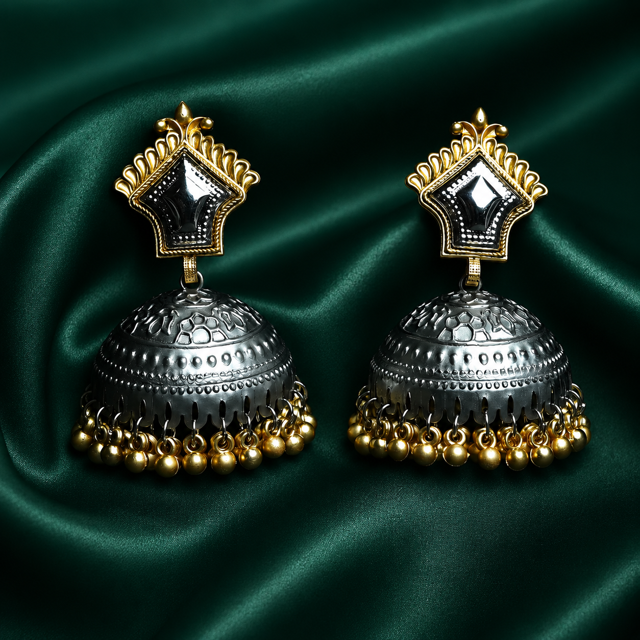 Zevar Club Oxidised Silver-Gold Tone Jhumka Earrings with Golden Beads Statement Design