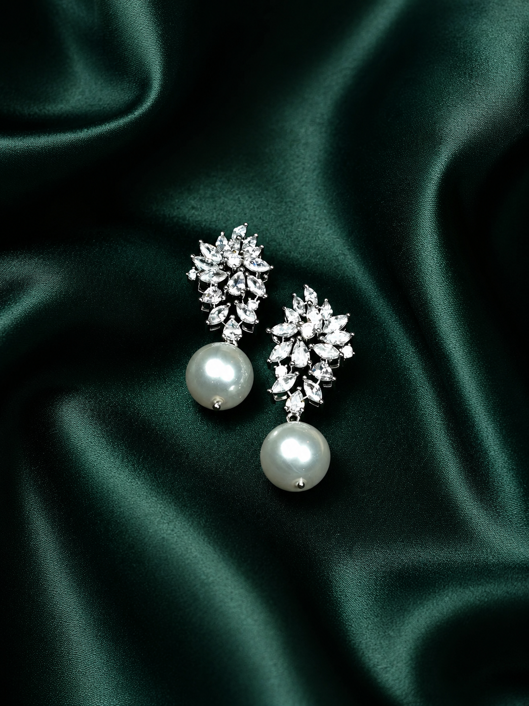 Zevar Club Rhodium-Plated Handcrafted Cubic Zirconia & Pearl Studded Leaf Design Earrings