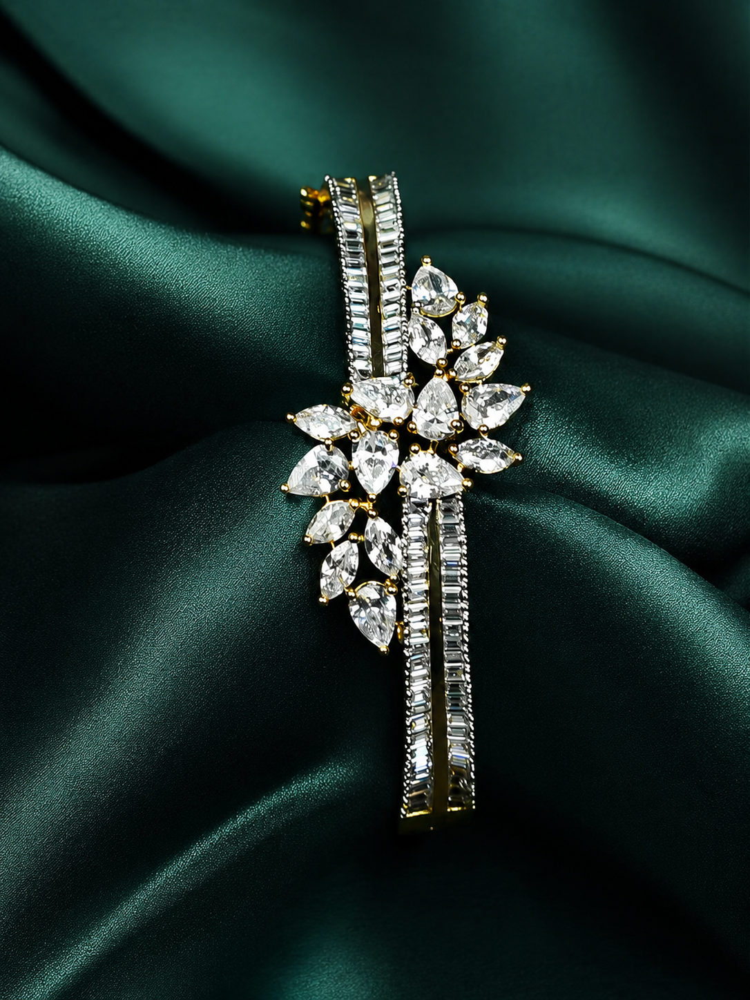 Zevar Club 22K Gold-Plated Floral Cluster Handcrafted AAA CZ Studded Baguette-Lined Openable Bracelet