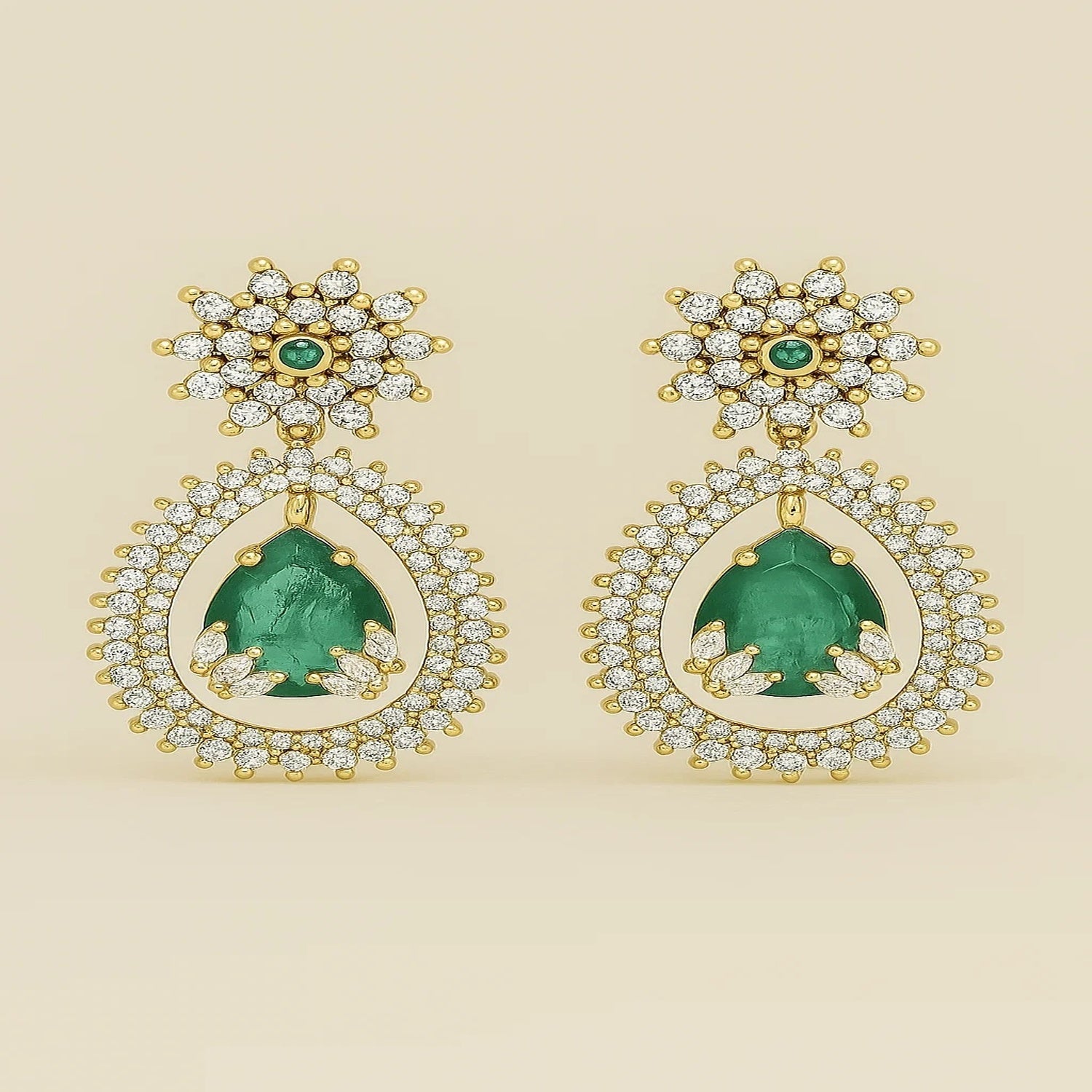 Zevar Club 22K Gold-Plated White Kundan & Emerald Green Cubic Zirconia Studded Long Statement Necklace Jewellery Set